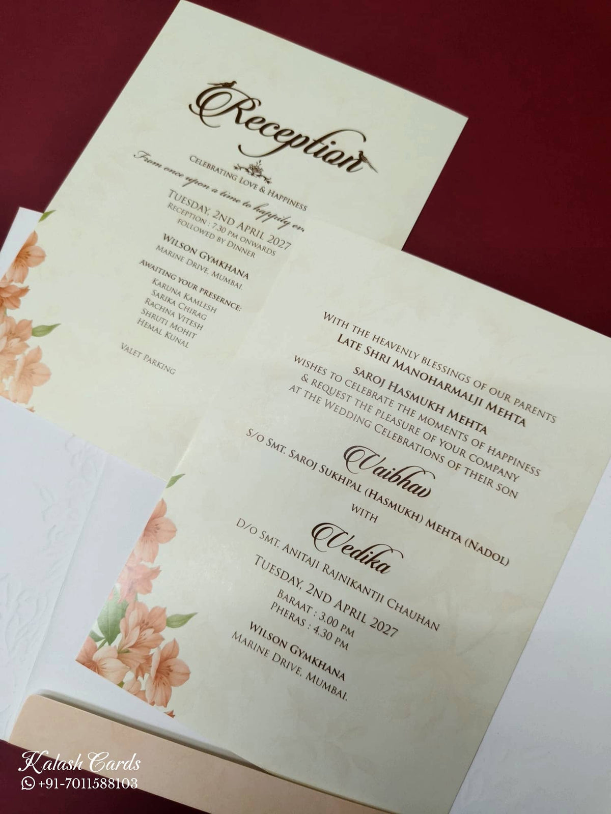 KLB-1000 Peach Floral Door Style Wedding Card (2 Page & Couple Name Acrylic)