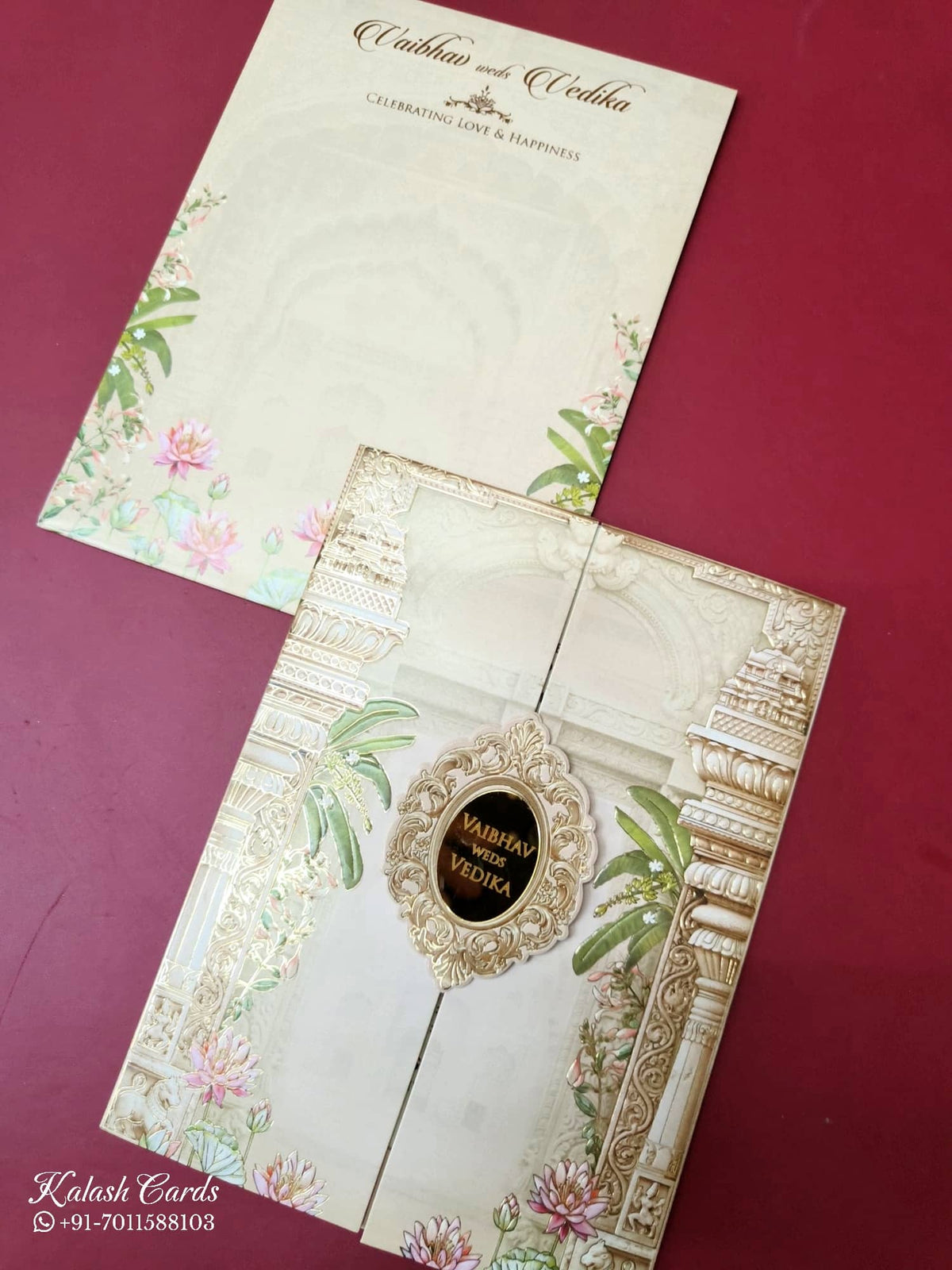 KLB-1001 Creme Royal Arch Door Style Wedding Card (2 Page & Couple Name Acrylic)