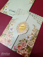 KLB-1002 Green Rose Floral Door Style Embossed Wedding Card (2 Page & Couple Name Acrylic)