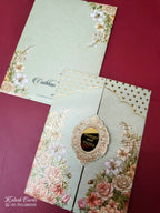 KLB-1002 Green Rose Floral Door Style Embossed Wedding Card (2 Page & Couple Name Acrylic)