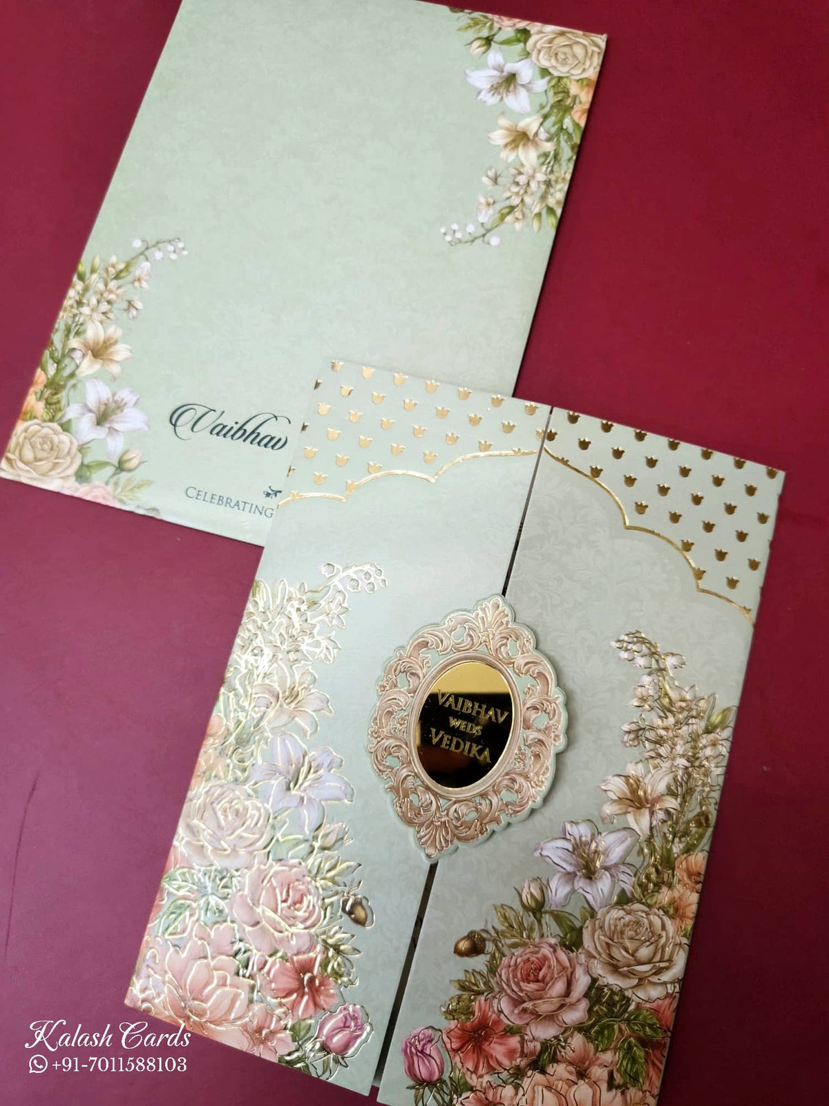 KLB-1002 Green Rose Floral Door Style Embossed Wedding Card (2 Page & Couple Name Acrylic)