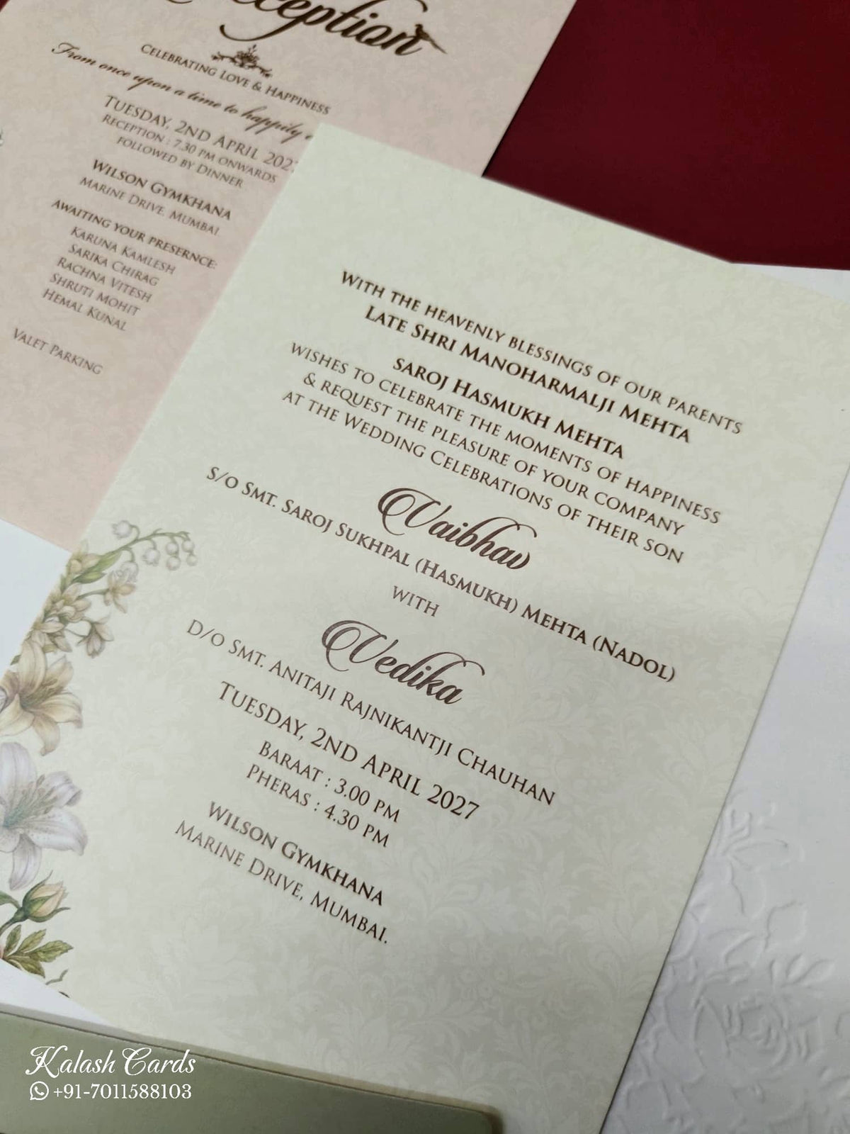KLB-1002 Green Rose Floral Door Style Embossed Wedding Card (2 Page & Couple Name Acrylic)