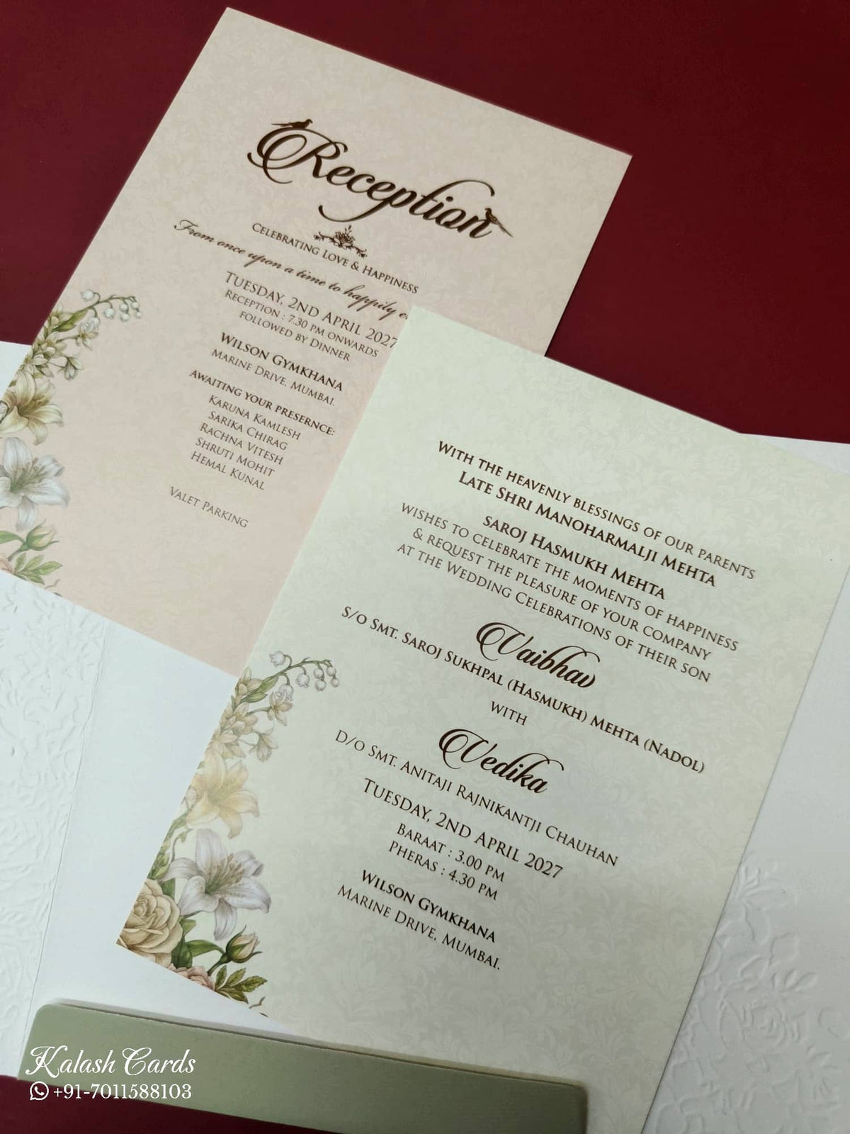 KLB-1002 Green Rose Floral Door Style Embossed Wedding Card (2 Page & Couple Name Acrylic)