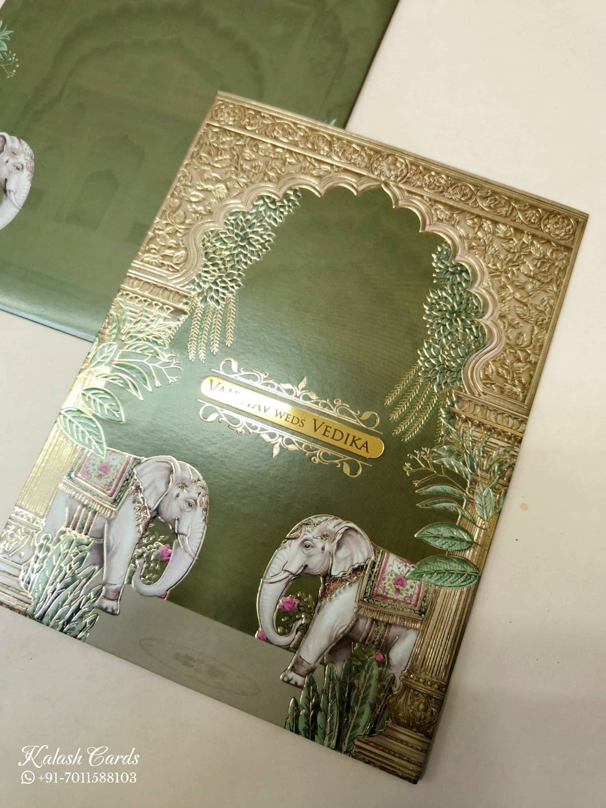 KLB-1004 Green Elephant Wedding Card (2 Page & Couple Name Acrylic)