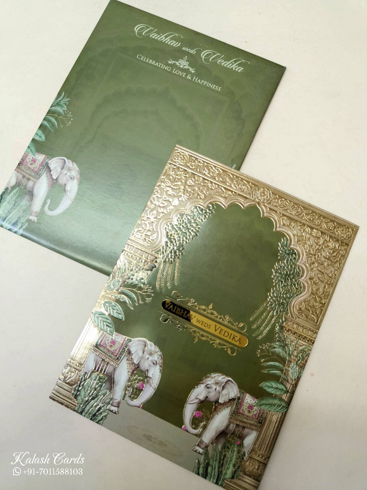 KLB-1004 Green Elephant Wedding Card (2 Page & Couple Name Acrylic)