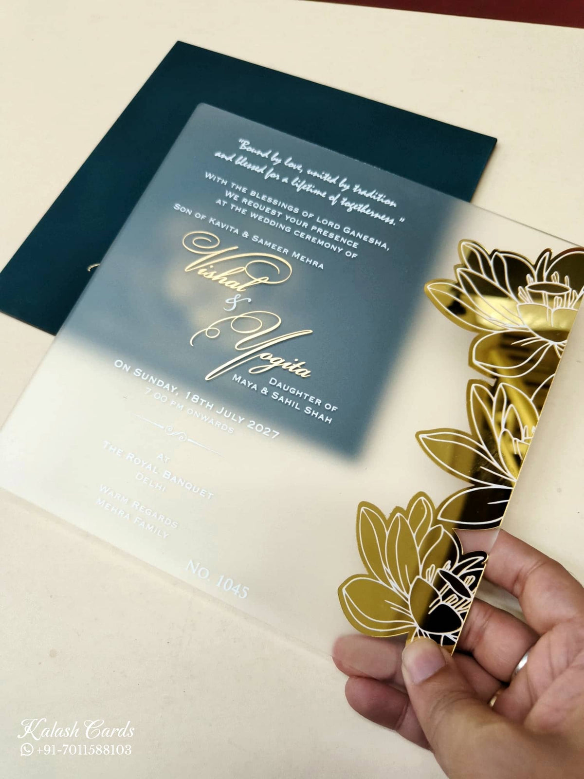 KLB-1006 Blue Floral Transparent Acrylic Wedding Card (1 Page)-Kalash Cards