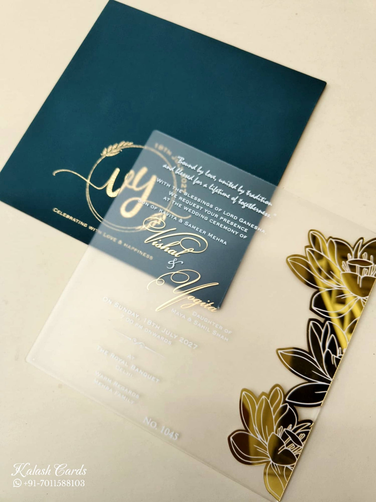 KLB-1006 Blue Floral Transparent Acrylic Wedding Card (1 Page)-Kalash Cards