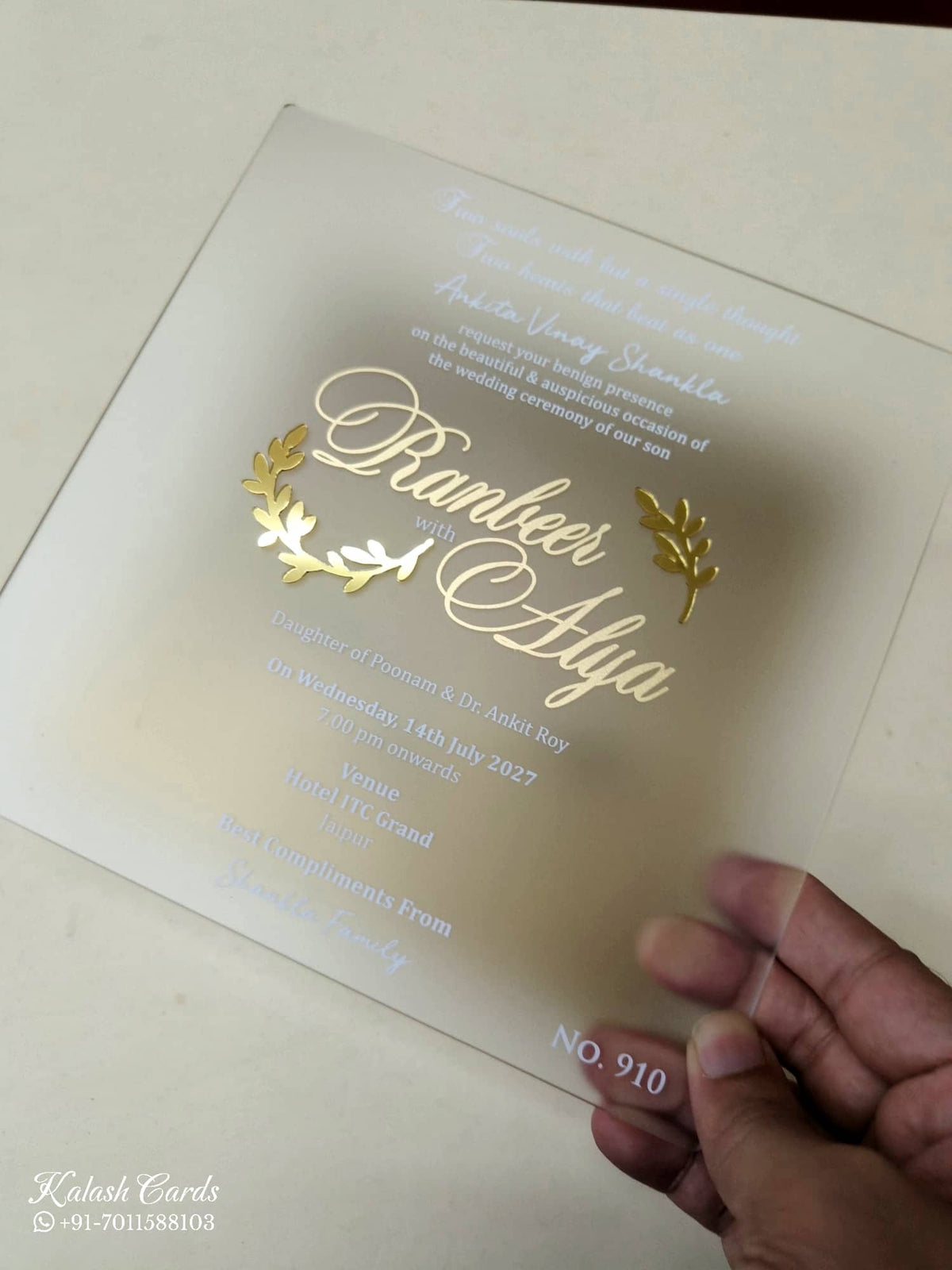 KLB-1007 Golden Floral Transparent Acrylic Wedding Card (1 Page)
