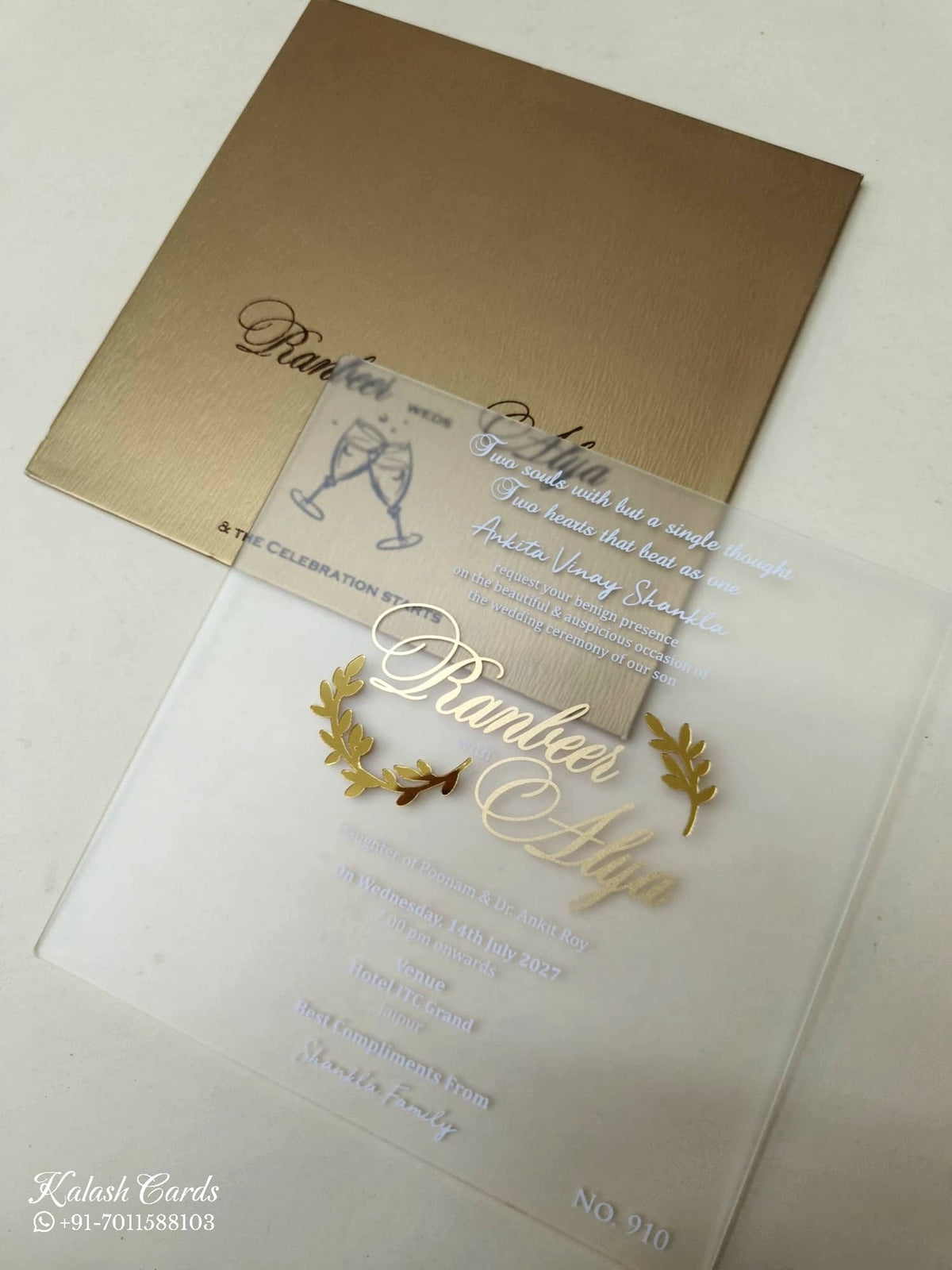 KLB-1007 Golden Floral Transparent Acrylic Wedding Card (1 Page)