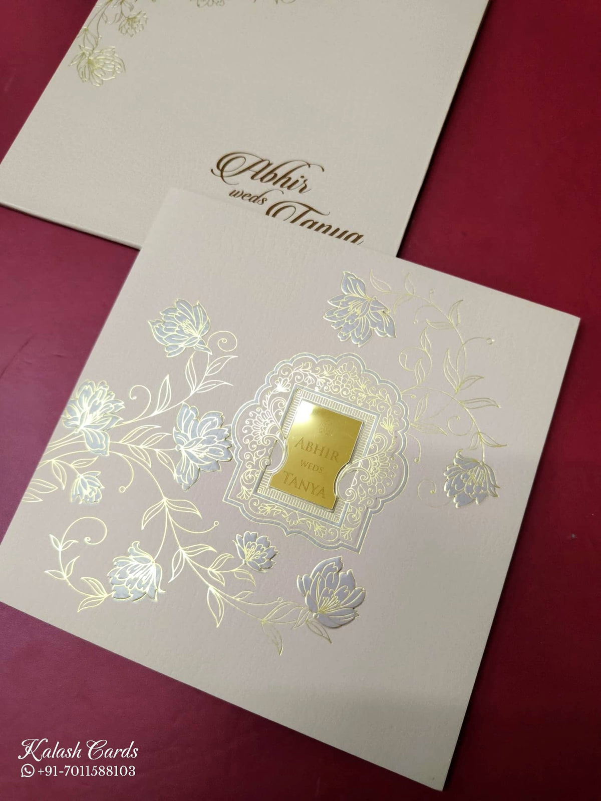 KLB-1008 Creme Floral Embossed Wedding Card (2 Page & Couple Name Acrylic)