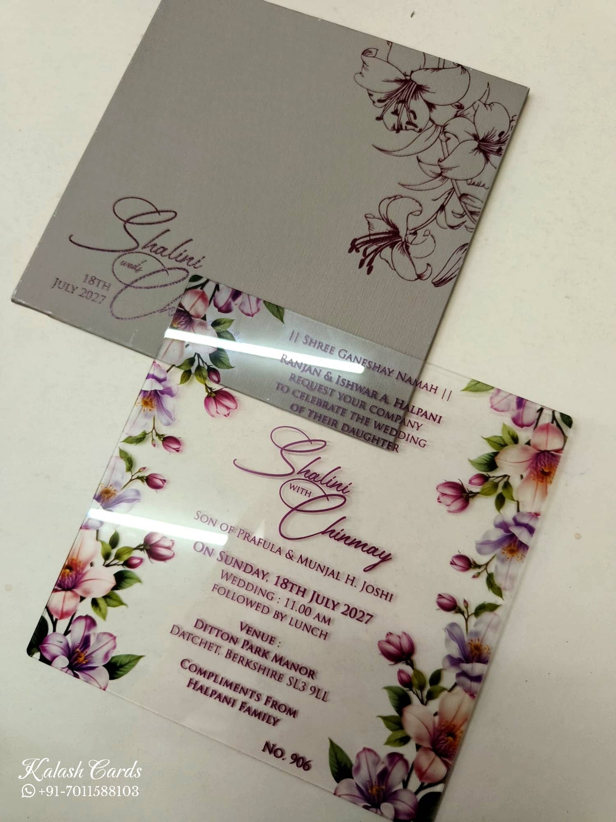 KLB-1010 Grey Floral Transparent Acrylic Wedding Card (1 Page)
