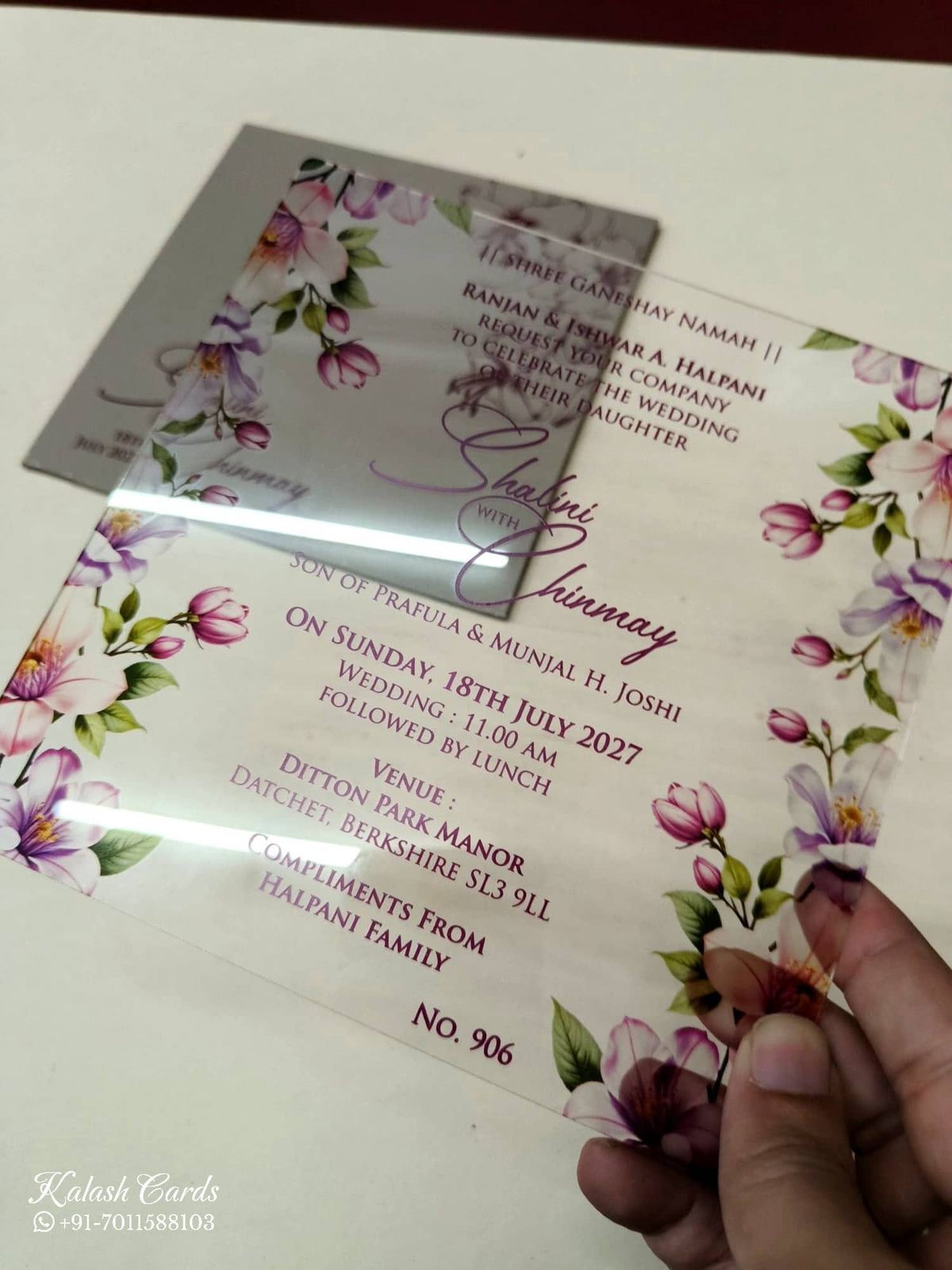 KLB-1010 Grey Floral Transparent Acrylic Wedding Card (1 Page)