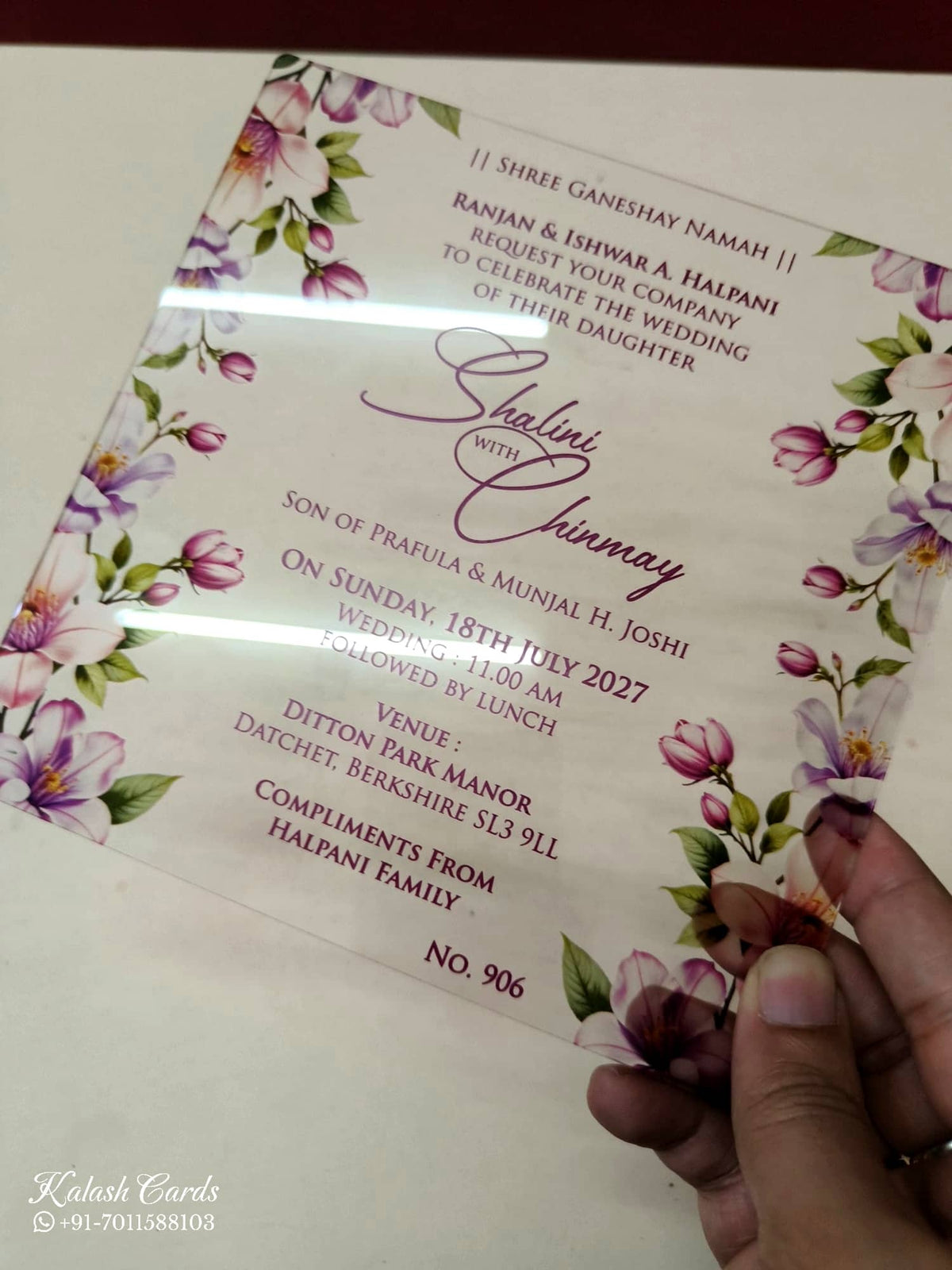 KLB-1010 Grey Floral Transparent Acrylic Wedding Card (1 Page)