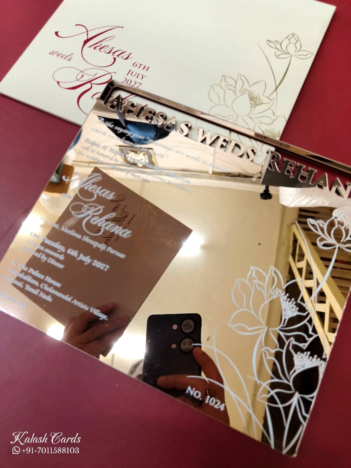 KLB-1013 Golden Floral Transparent Acrylic Wedding Card (1 Page)
