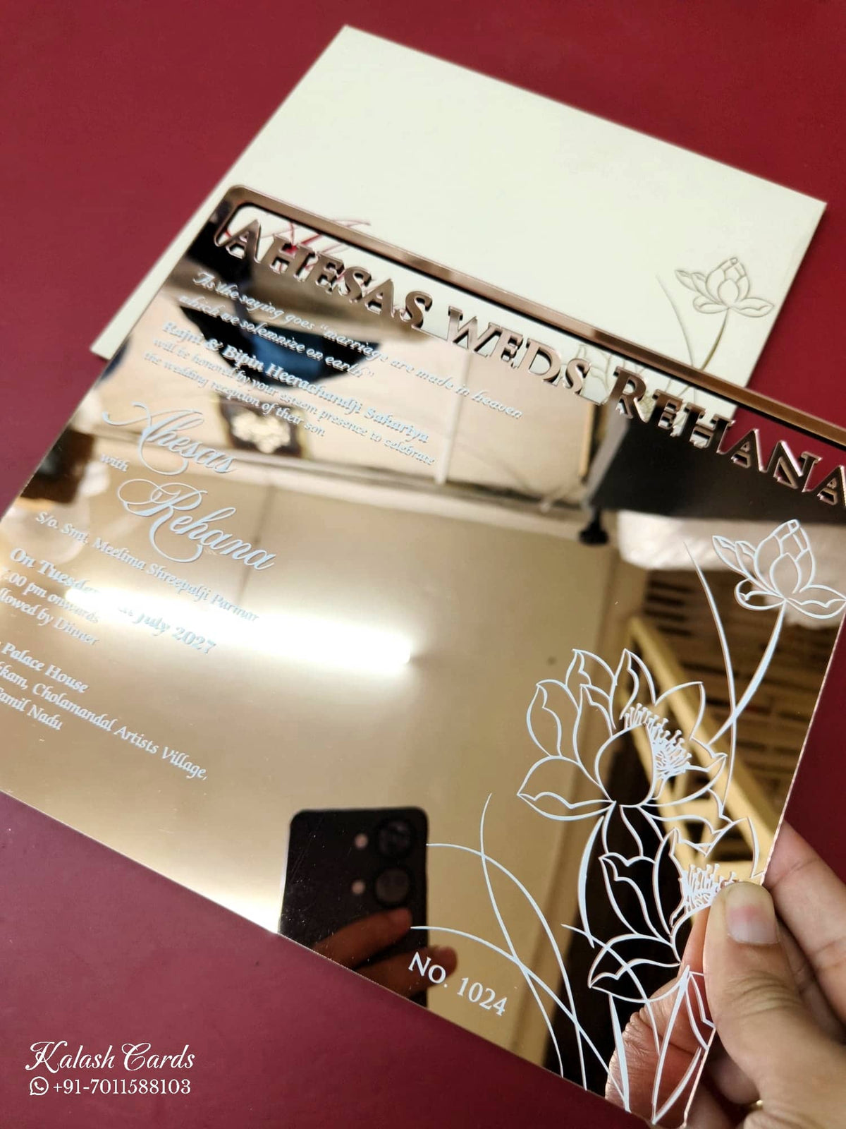 KLB-1013 Golden Floral Transparent Acrylic Wedding Card (1 Page)