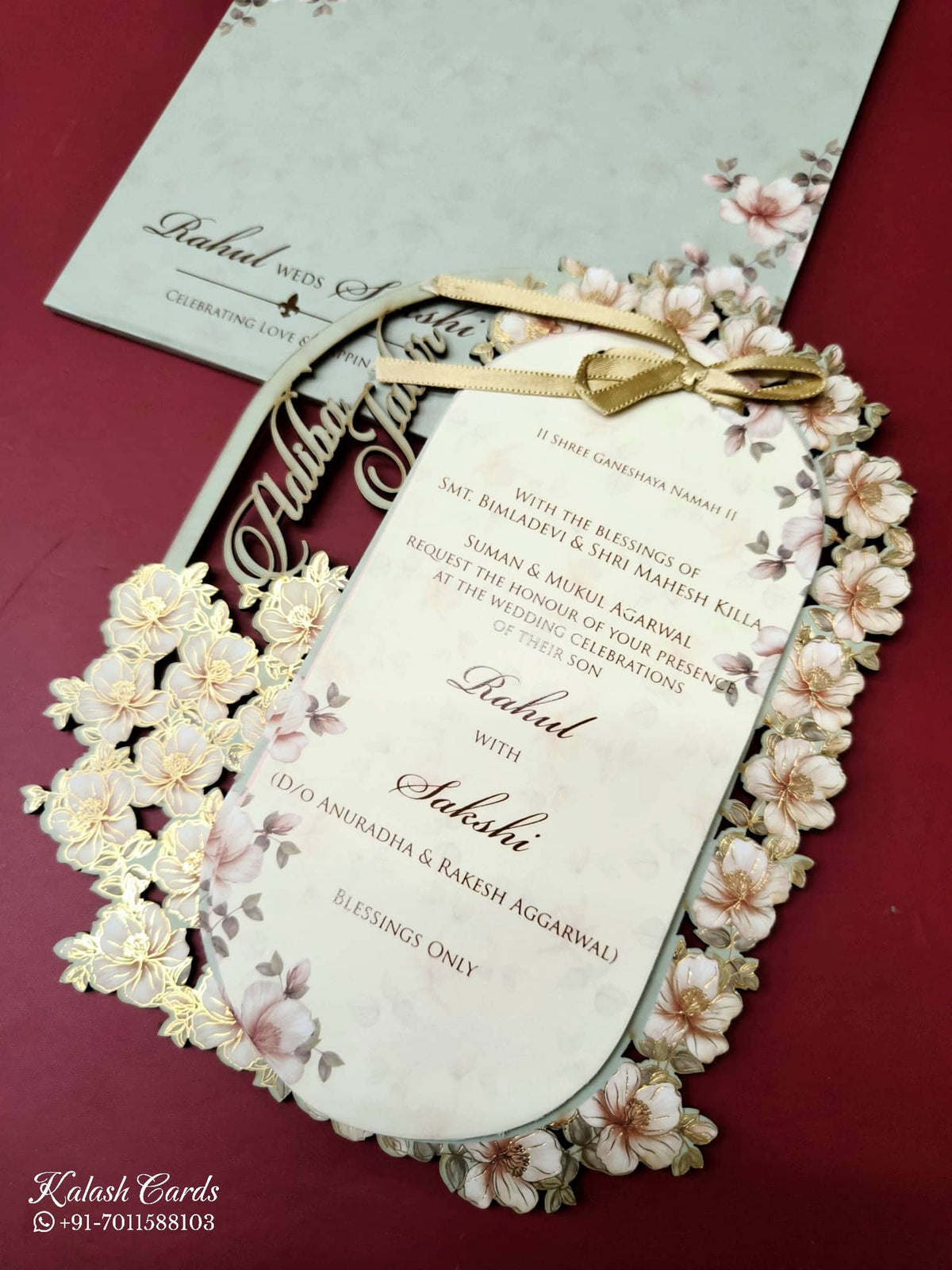 KLB-1014 Green Floral Couple Name Laser Cut MDF Thick Wedding Card (2 Page)