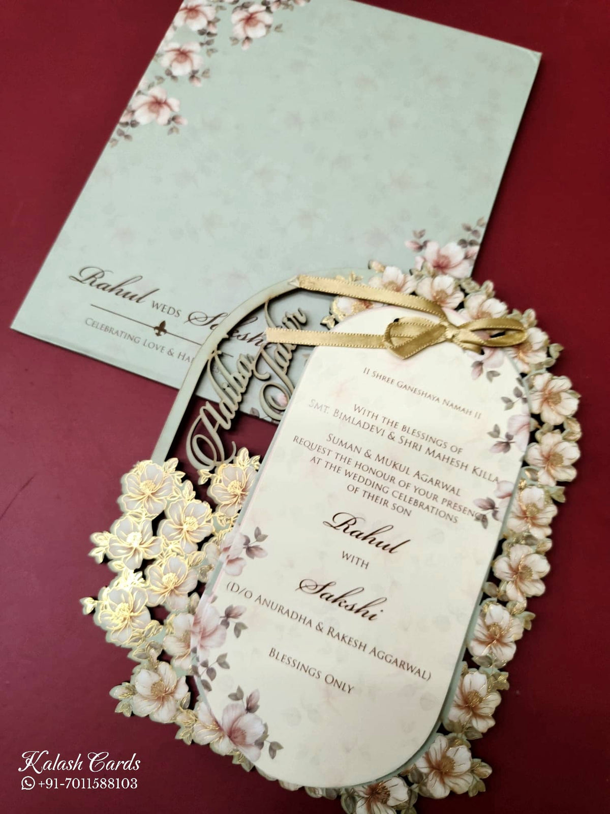 KLB-1014 Green Floral Couple Name Laser Cut MDF Thick Wedding Card (2 Page)