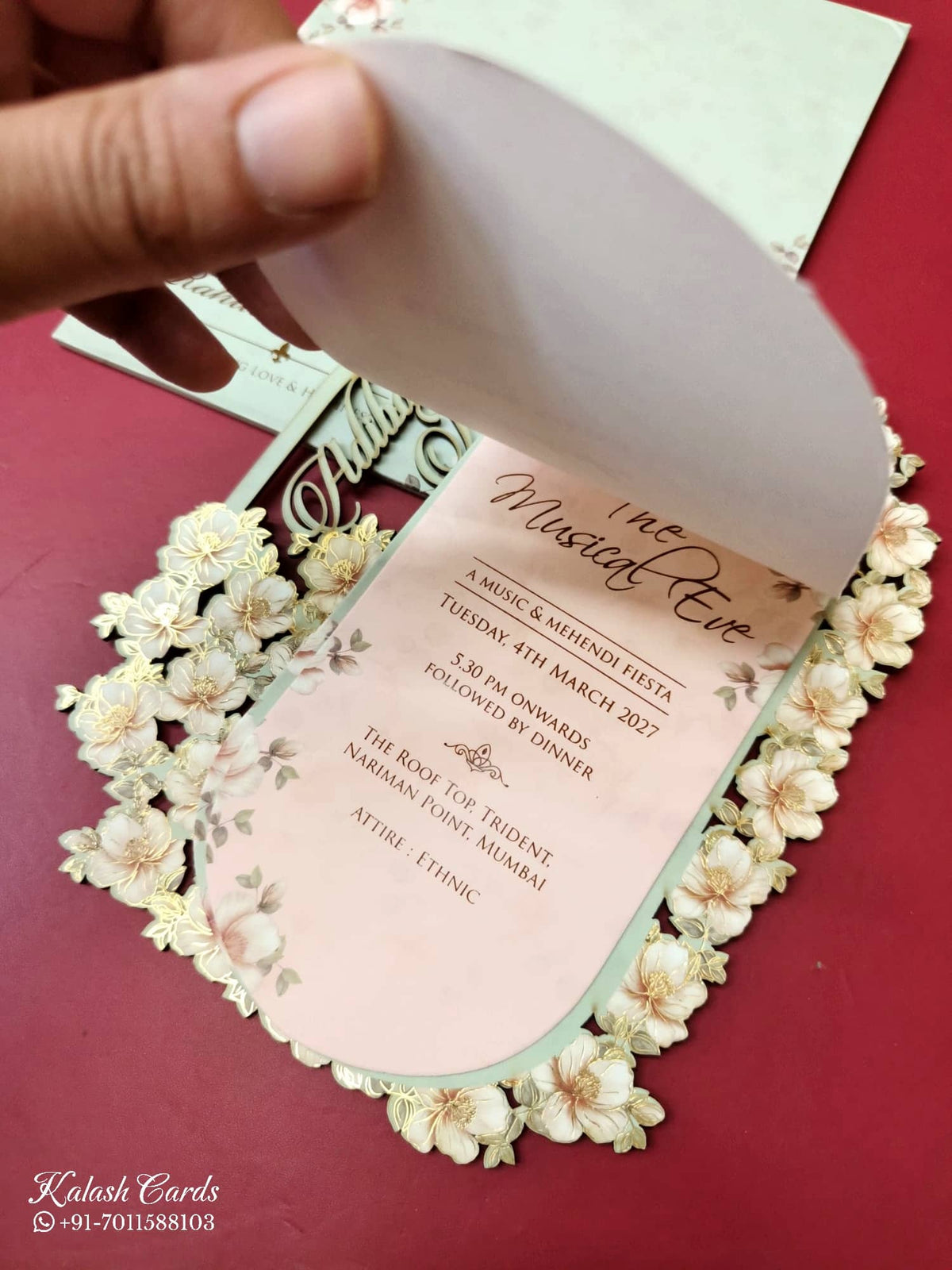 KLB-1014 Green Floral Couple Name Laser Cut MDF Thick Wedding Card (2 Page)