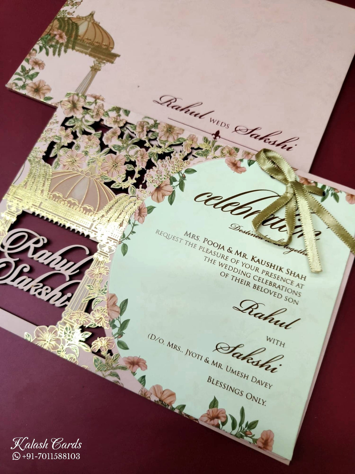 KLB-1015 Pink Floral Couple Name Laser Cut Wedding Card (2 Page)