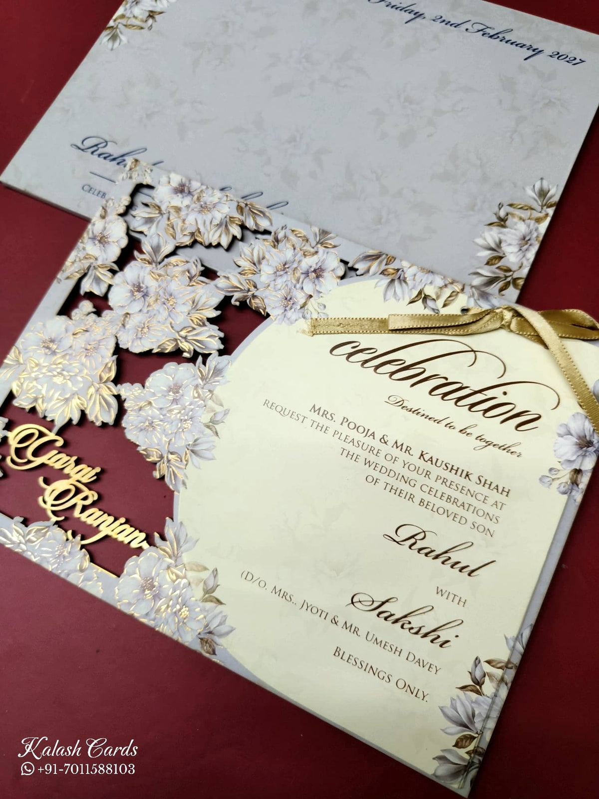KLB-1016 Purple Floral Couple Name Laser Cut MDF Thick Wedding Card (2 Page)
