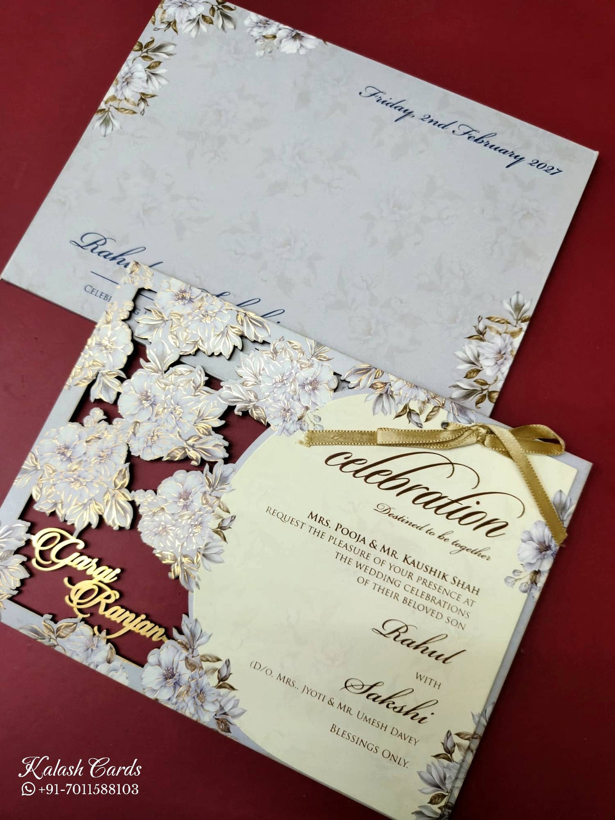 KLB-1016 Purple Floral Couple Name Laser Cut MDF Thick Wedding Card (2 Page)