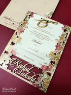 KLB-1017 Peach Floral Couple Name Laser Cut Wedding Card (2 Page)
