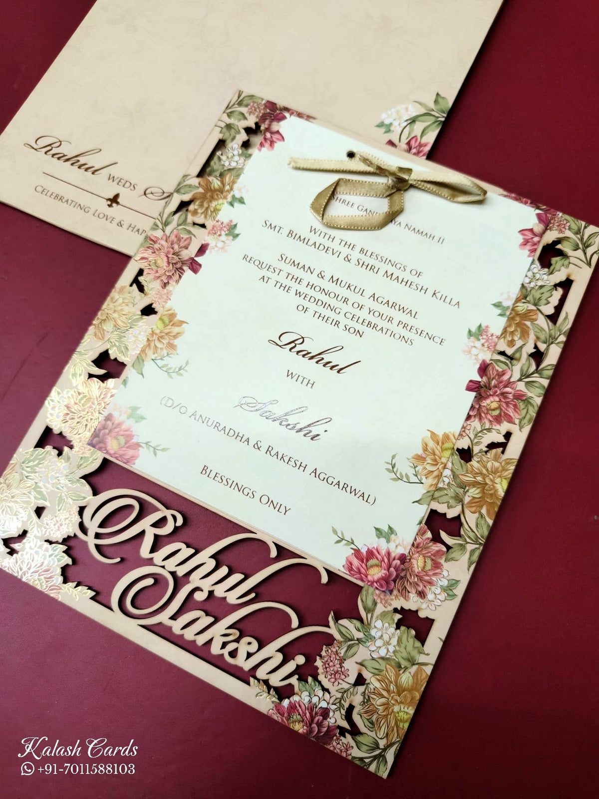 KLB-1017 Peach Floral Couple Name Laser Cut Wedding Card (2 Page)