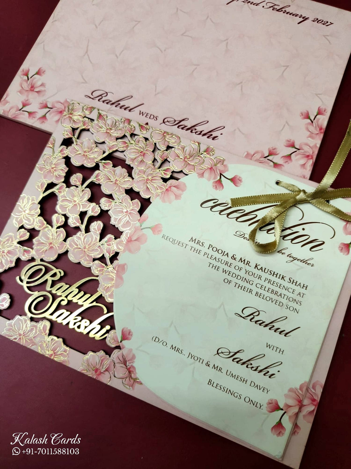 KLB-1018 Pink Floral Couple Name Laser Cut Wedding Card (2 Page)