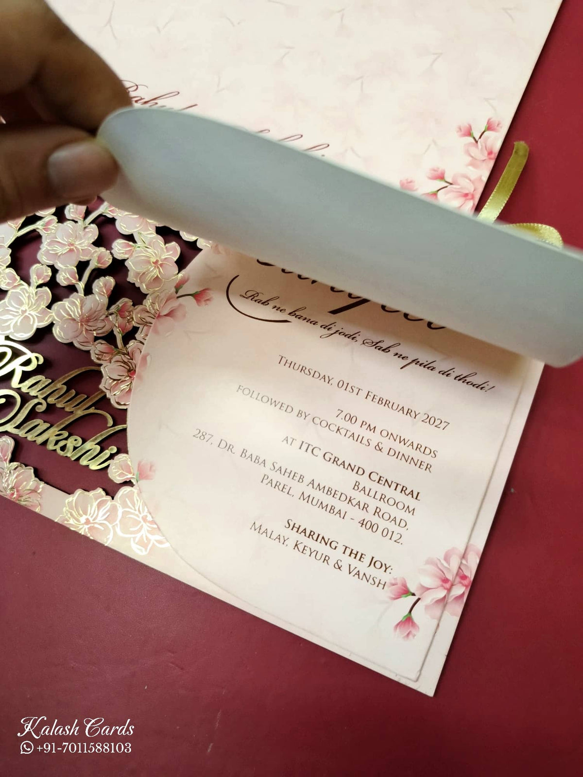 KLB-1018 Pink Floral Couple Name Laser Cut Wedding Card (2 Page)