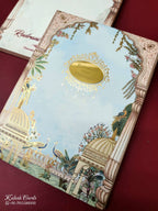 KLB-1020 Blue Royal Arch Peacock Padded Thick Wedding Card (2 Page & Couple Name Acrylic)