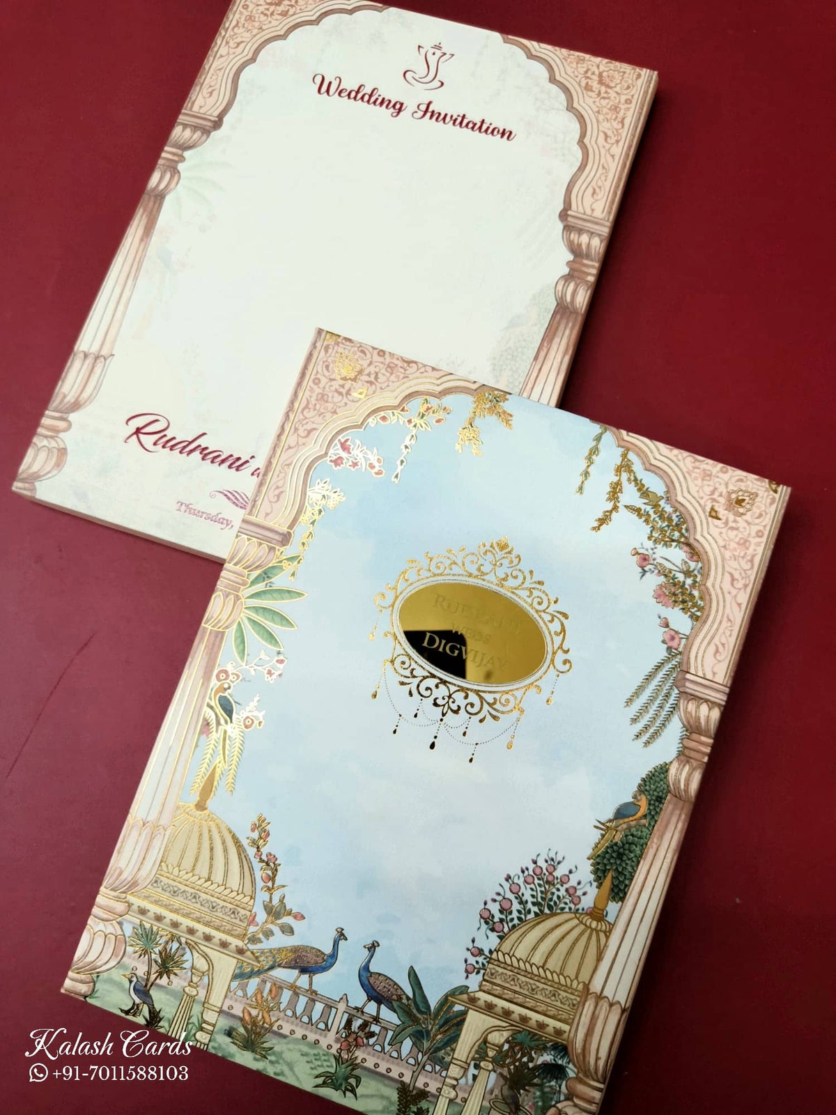 KLB-1020 Blue Royal Arch Peacock Padded Thick Wedding Card (2 Page & Couple Name Acrylic)