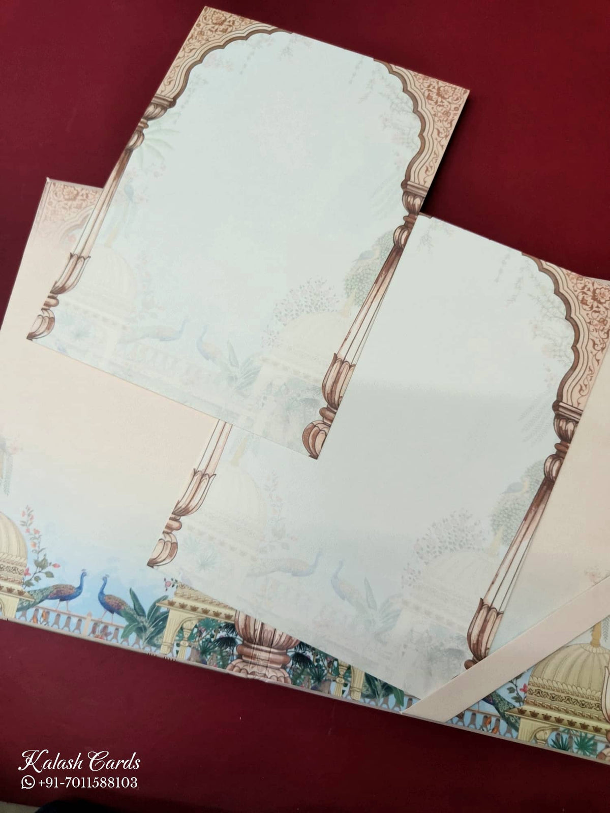 KLB-1020 Blue Royal Arch Peacock Padded Thick Wedding Card (2 Page & Couple Name Acrylic)