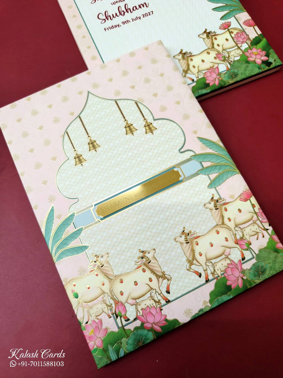 KLB-1021 Peach Pichwai Padded Thick Wedding Card (2 Page & Couple Name Acrylic)