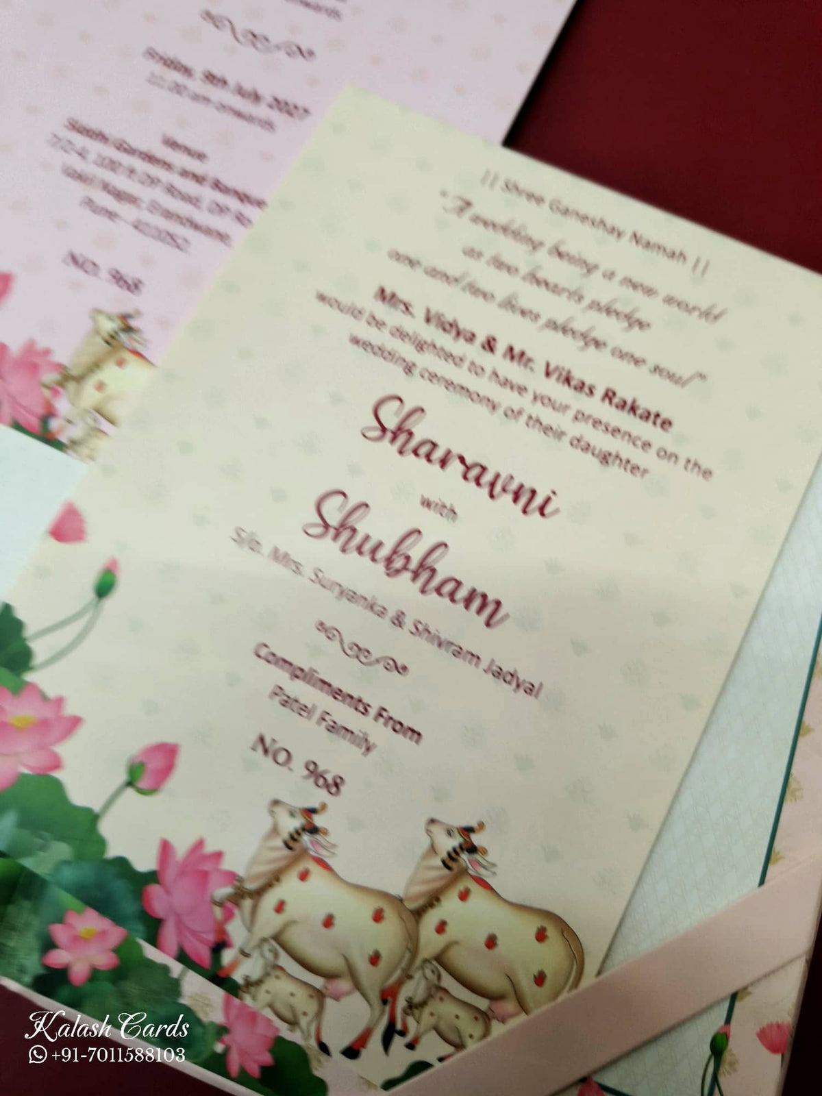 KLB-1021 Peach Pichwai Padded Thick Wedding Card (2 Page & Couple Name Acrylic)