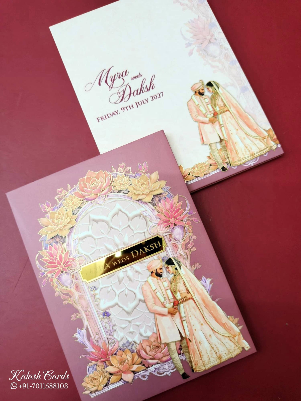 KLB-1022 Magenta Bride Groom Padded Thick Wedding Card (2 Page & Couple Name Acrylic)
