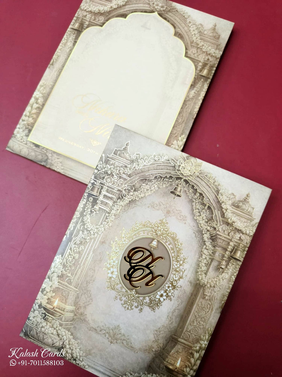 KLB-1023 Grey Royal Arch Padded Thick Wedding Card (2 Page & Couple Initial Acrylic)