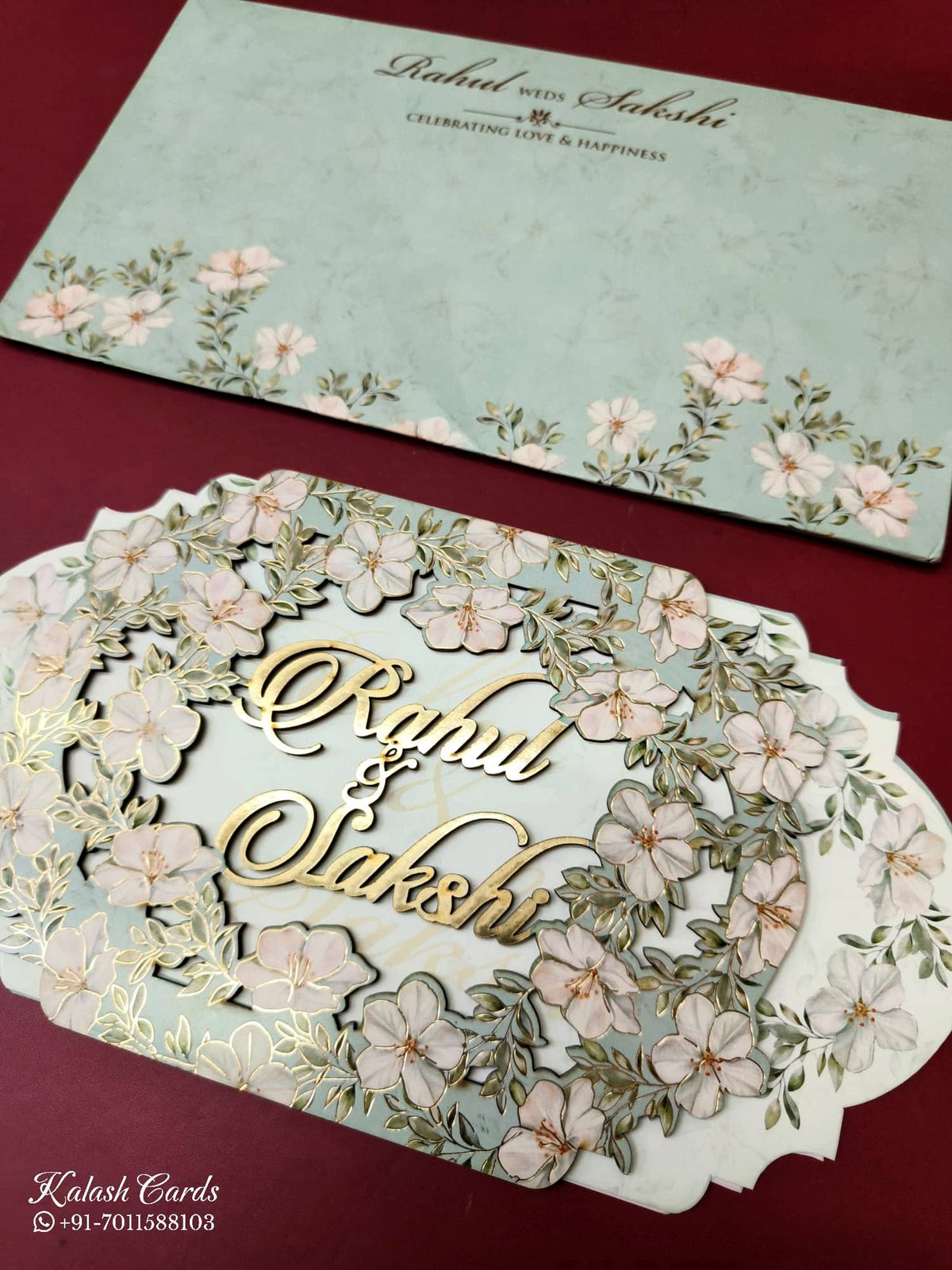 KLB-1024 Green Floral Couple Name Laser Cut MDF Thick Wedding Card (2 Page)