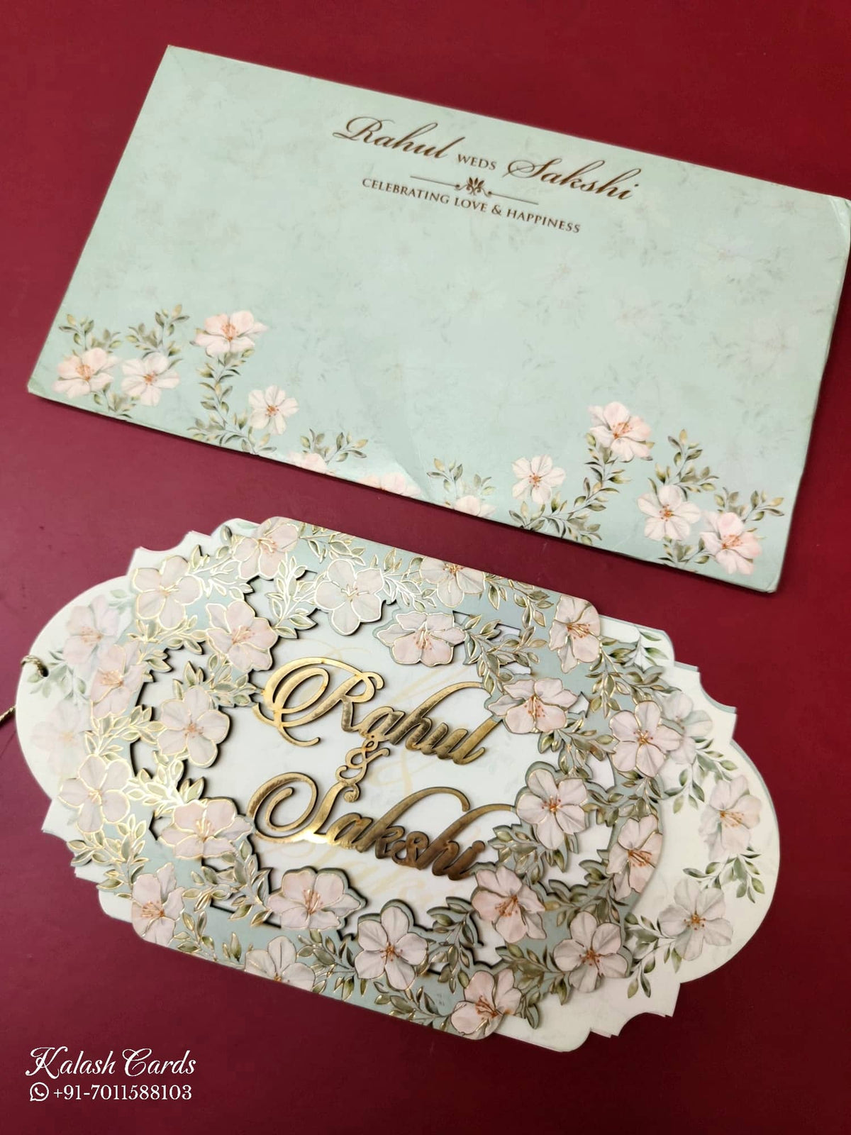 KLB-1024 Green Floral Couple Name Laser Cut MDF Thick Wedding Card (2 Page)