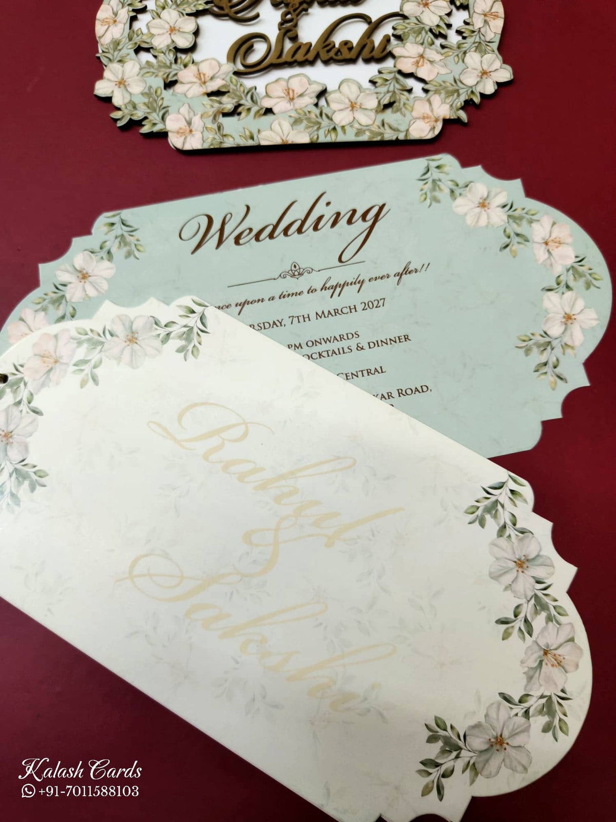 KLB-1024 Green Floral Couple Name Laser Cut MDF Thick Wedding Card (2 Page)