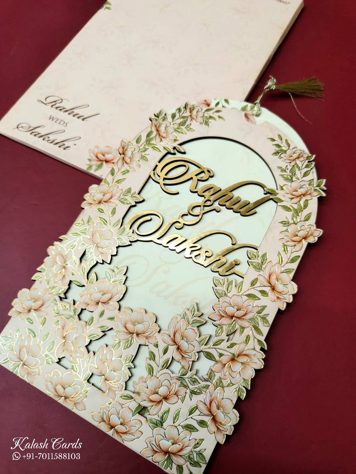 KLB-1025 Peach Floral Couple Name Laser Cut Wedding Card (2 Page)