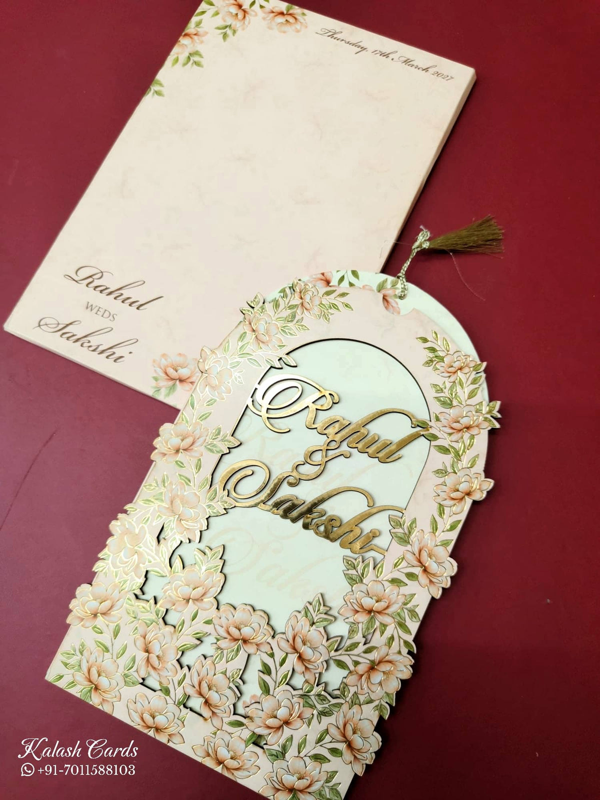 KLB-1025 Peach Floral Couple Name Laser Cut Wedding Card (2 Page)