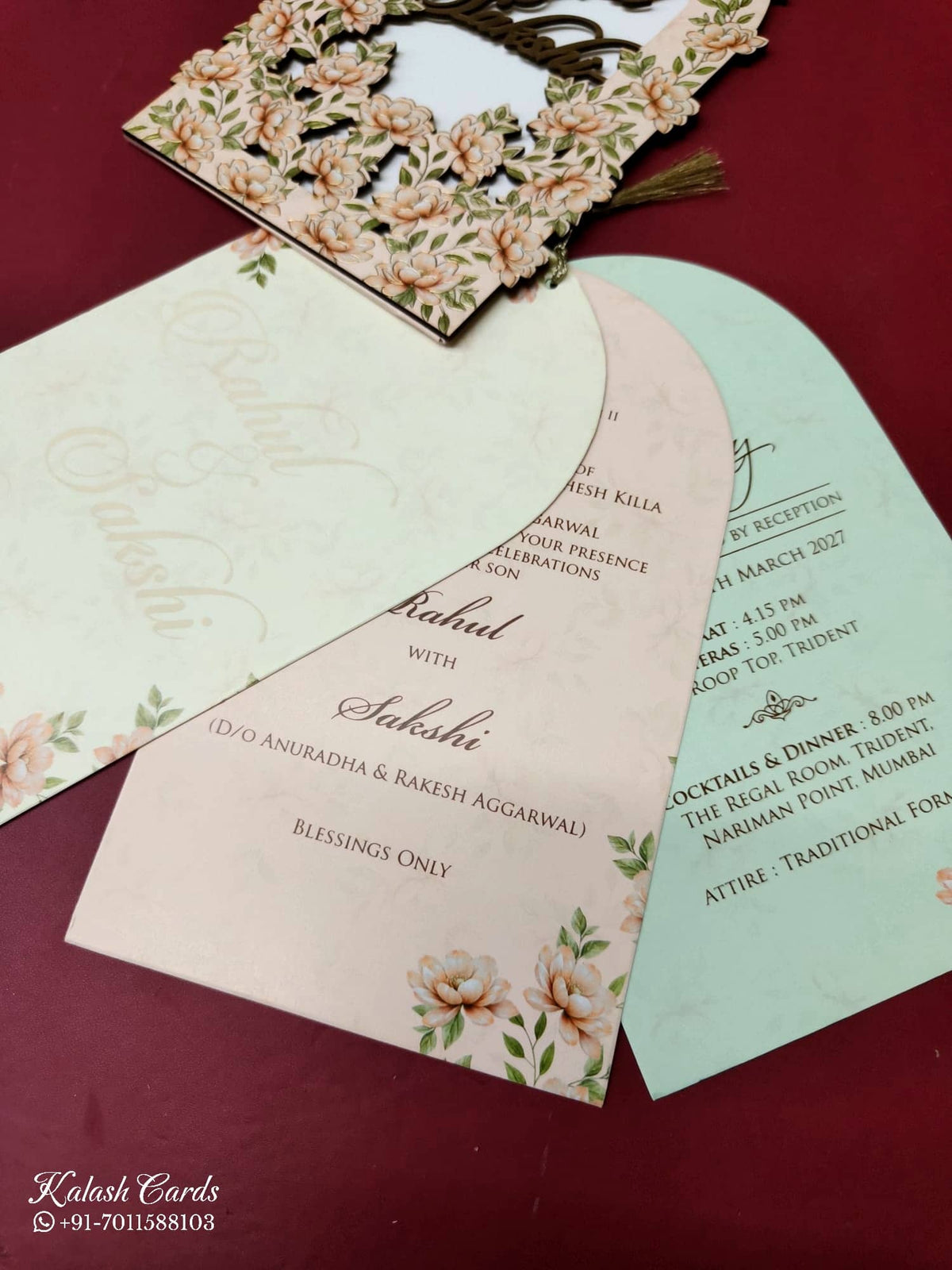 KLB-1025 Peach Floral Couple Name Laser Cut Wedding Card (2 Page)