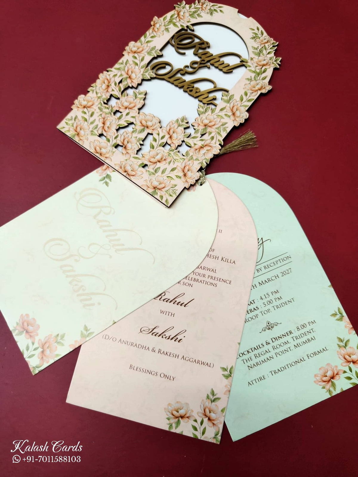 KLB-1025 Peach Floral Couple Name Laser Cut Wedding Card (2 Page)