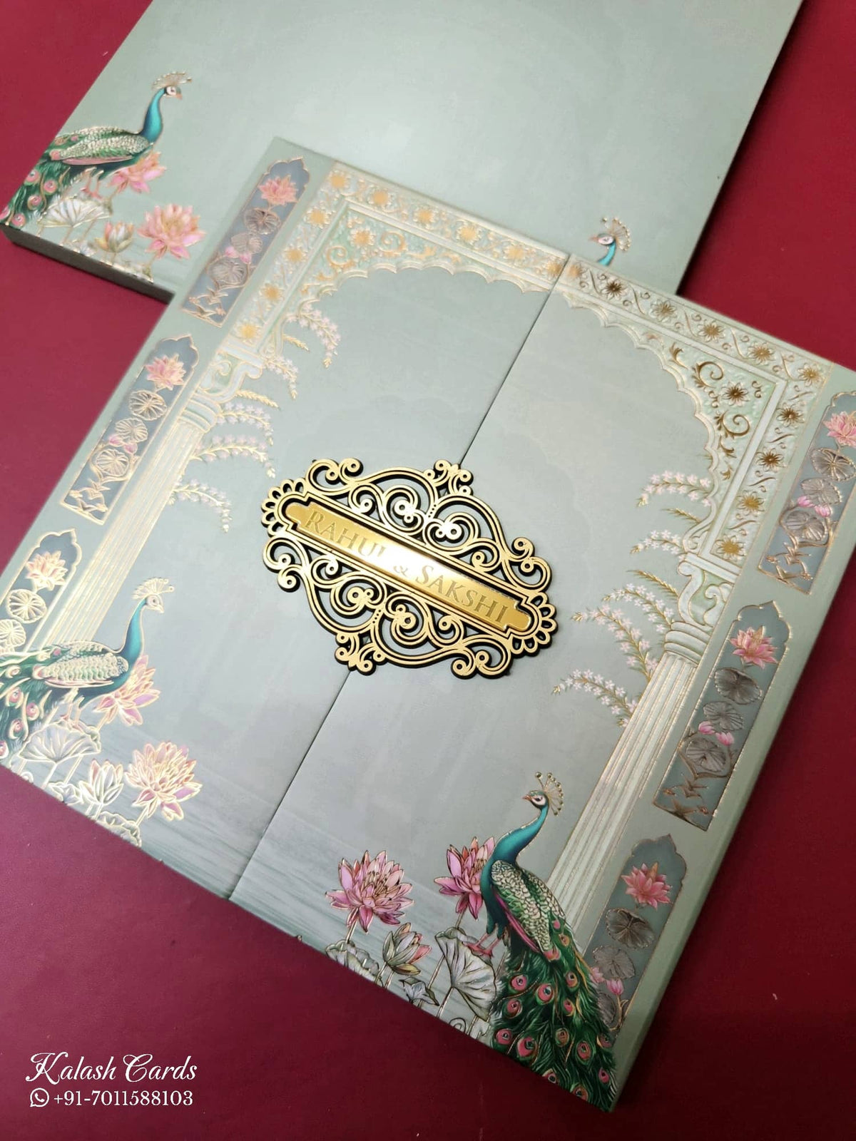 KLB-1027 Green Peacock Door Style Padded Thick Wedding Card (2 Page & Couple Name Acrylic)