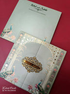 KLB-1027 Green Peacock Door Style Padded Thick Wedding Card (2 Page & Couple Name Acrylic)