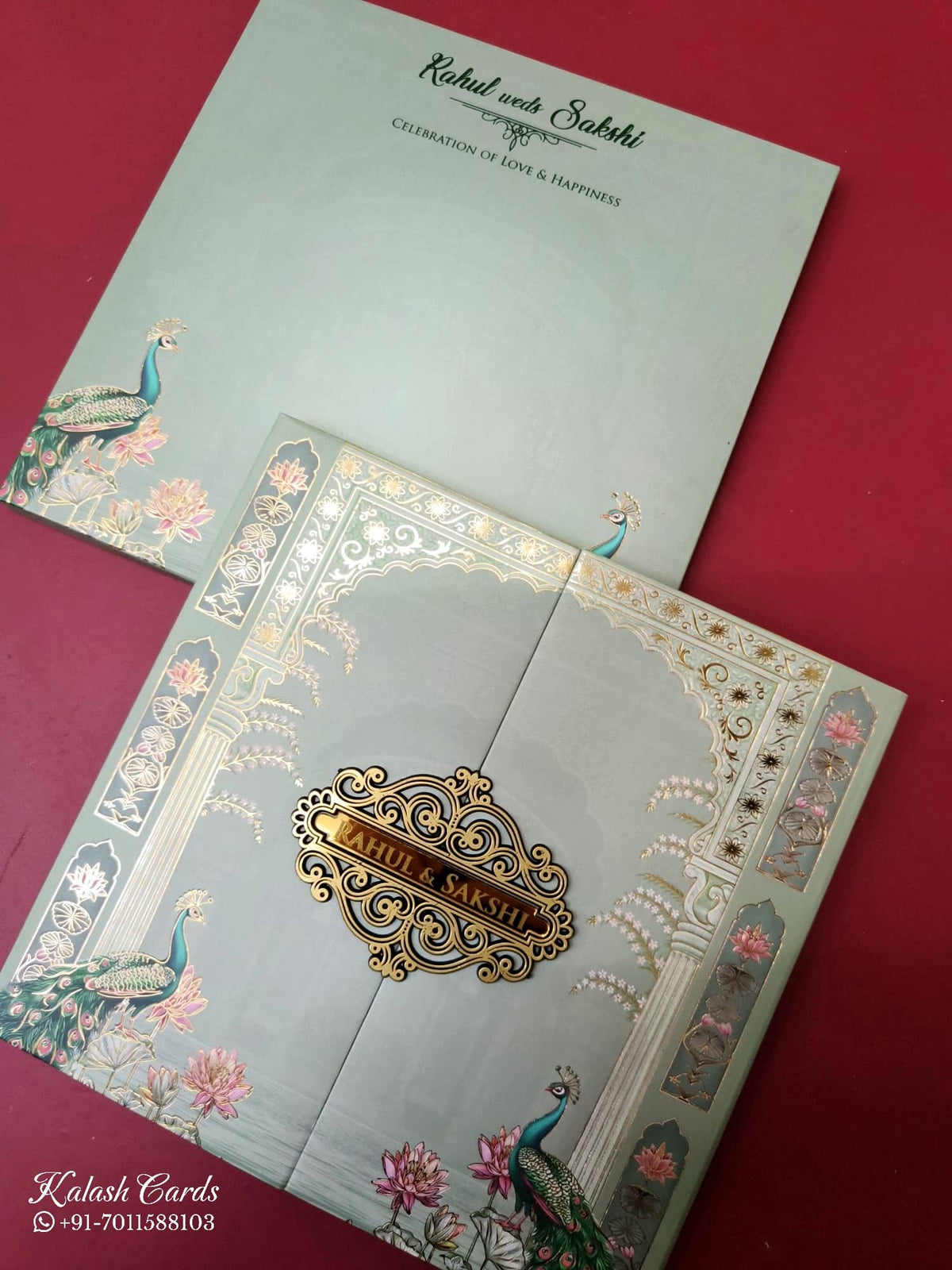 KLB-1027 Green Peacock Door Style Padded Thick Wedding Card (2 Page & Couple Name Acrylic)