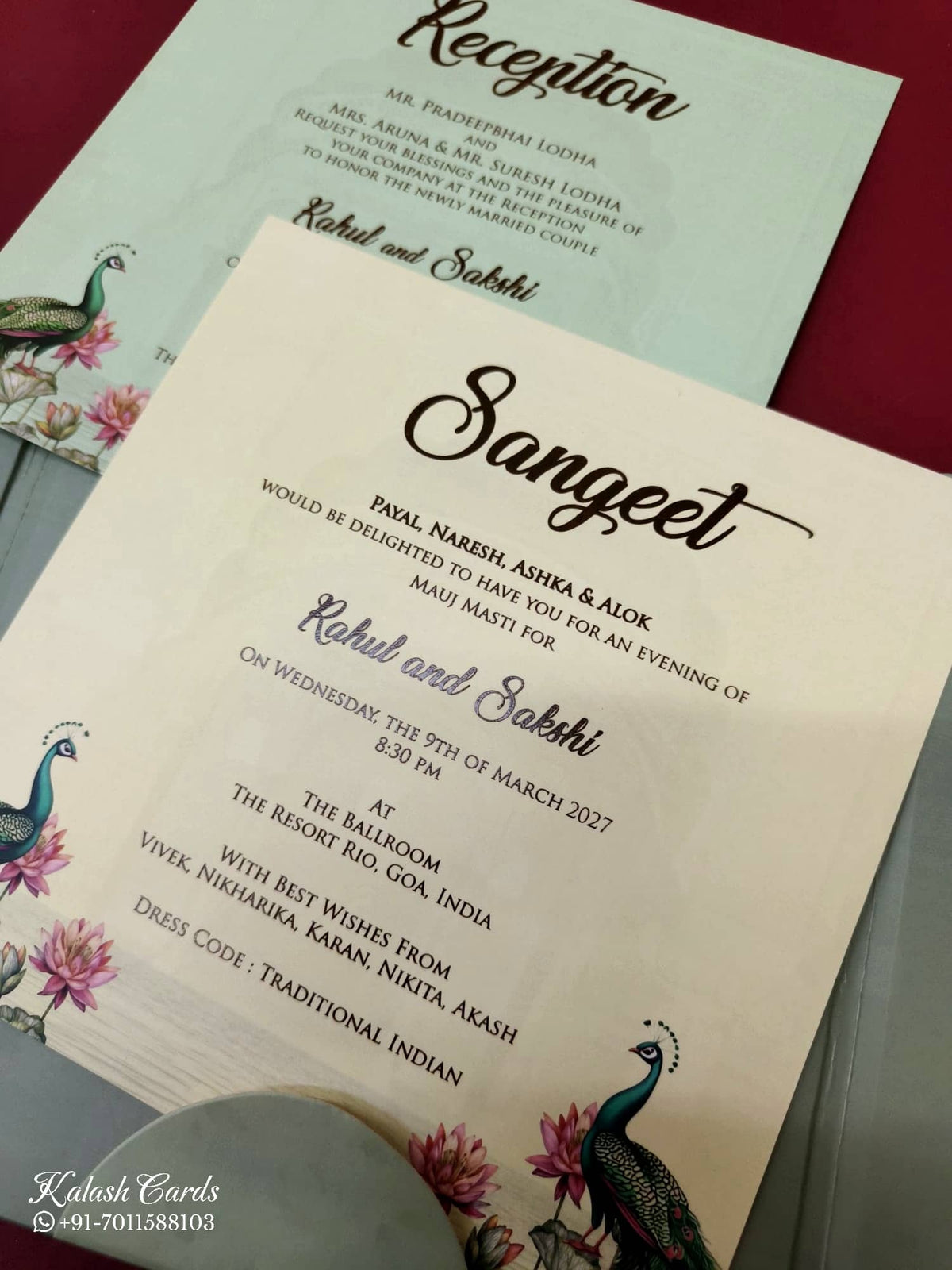 KLB-1027 Green Peacock Door Style Padded Thick Wedding Card (2 Page & Couple Name Acrylic)