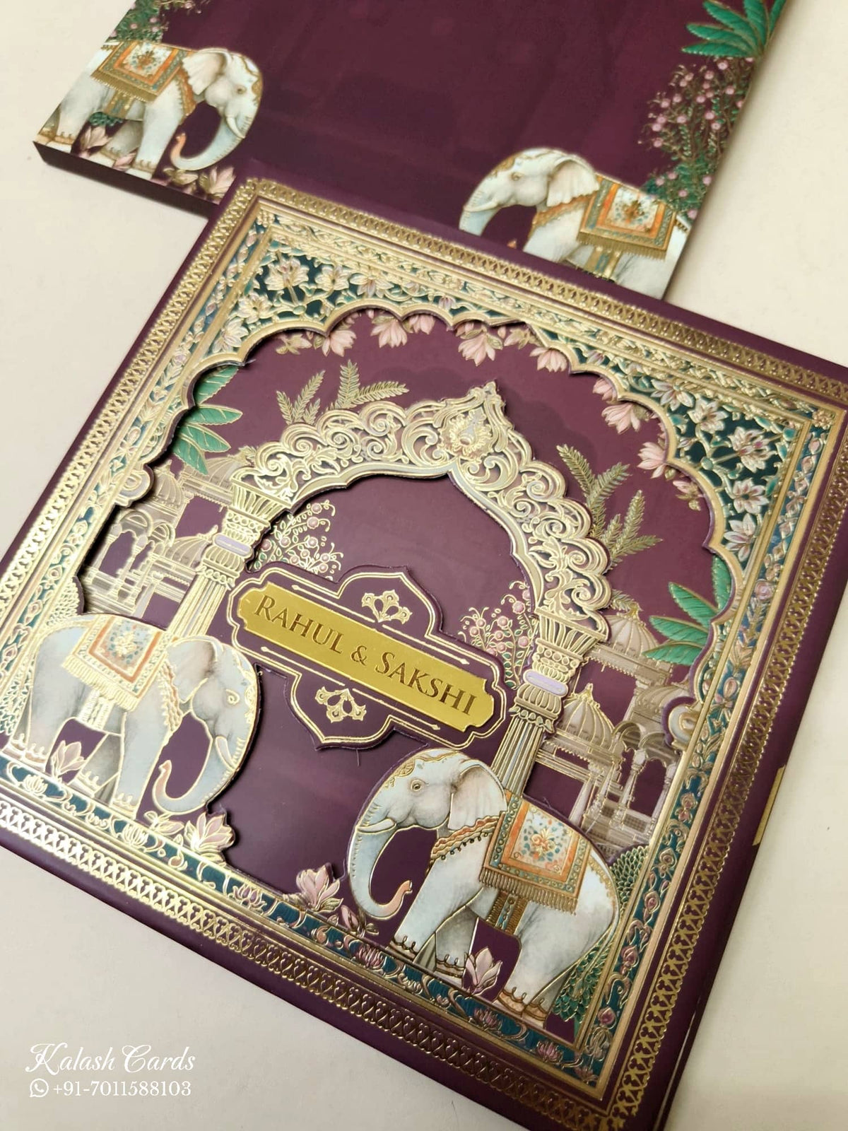 KLB-1028 Maroon Elephant Laser Cut Padded Thick Wedding Card (2 Page & Couple Name Acrylic)