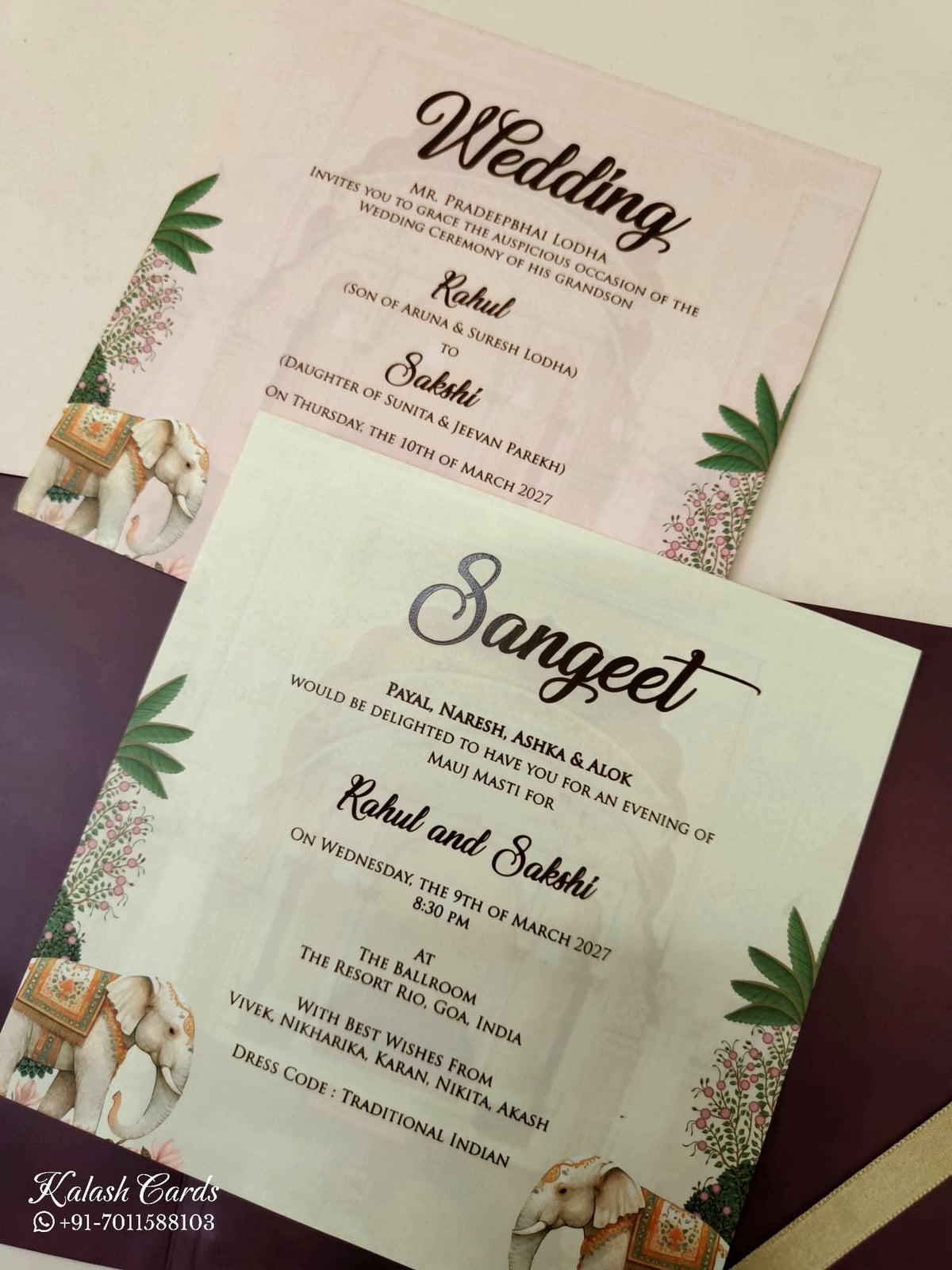 KLB-1028 Maroon Elephant Laser Cut Padded Thick Wedding Card (2 Page & Couple Name Acrylic)