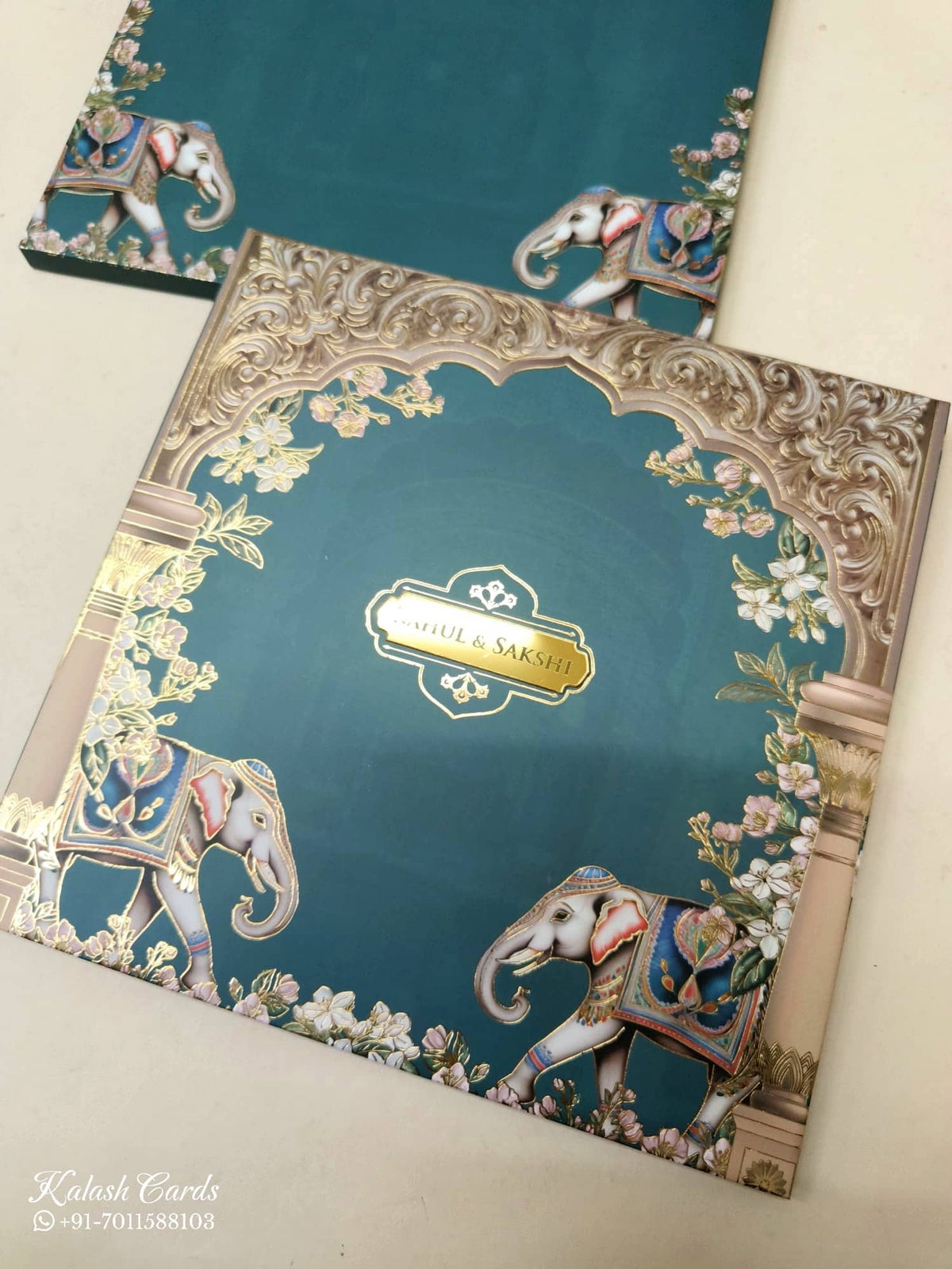 KLB-1029 Blue Elephant Padded Thick Wedding Card (2 Page & Couple Name Acrylic)